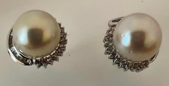 12mm Cultured Pearl & Diamond Earrings 14K White … - image 2