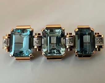 Amazing 1940&#39;s Retro 18K Aquamarine and Diamond Brooch