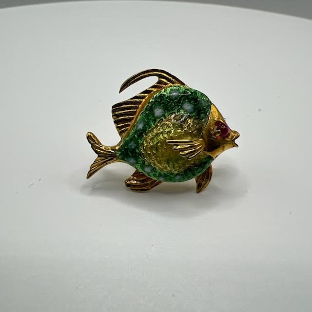 18K Yellow Gold Enamel Tropical Fish Pin