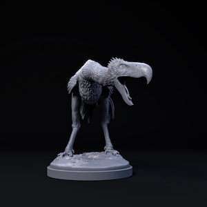 May include: A grey 3D printed model of a prehistoric bird with a long beak and feathers. The bird is standing on a round base.