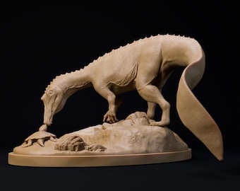 Puede incluir: Una figurita de dinosaurio marrón con una cola larga, de pie sobre una base rocosa y mirando hacia abajo a una figurita de tortuga más pequeña.