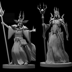 May include: Two skeletal figures, one wearing a crown and the other a horned headdress, stand holding staffs. Both figures are dressed in robes and appear to be wizards or sorcerers.