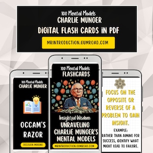 Può includere: Tre schermate di smartphone che mostrano flashcard con il titolo "100 Mental Models Flashcards" e il testo "Insightful Wisdom: Unraveling Charlie Munger's Mental Models". Il testo "Focus on the opposite or reverse of a problem to gain insight." è visibile anche su uno degli schermi.