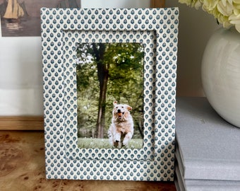 Blue & Ivory Delicate Geo Fabric Wrapped Picture Frame and Mat - 4x6 photo