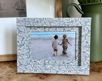 Blue Coastal Floral Fabric Wrapped Custom Picture Frame and Mat - 4x6&quot; photo