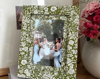 Sketched Green Ditsy Floral Fabric Wrapped Custom Picture Frame and Mat - 4x6&quot; photo