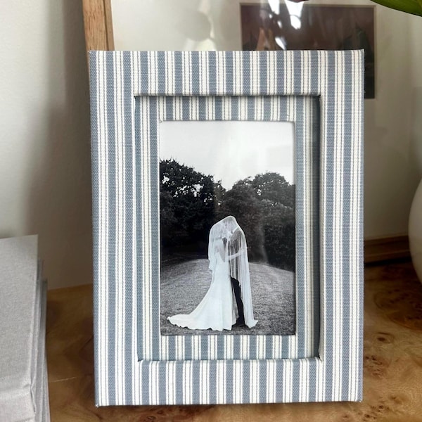 Slate Blue Stripe Fabric Wrapped Picture Frame and Mat - 4x6 photo