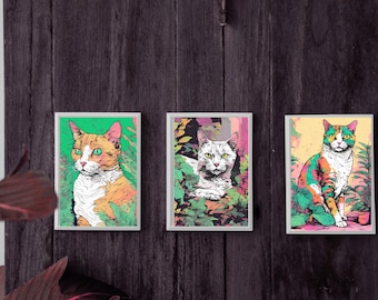 Colorful Cat Art Prints | Whimsical Feline Wall Decor (Digital Download)