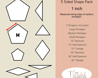 1 INCH - 5 Sided Shapes pack - EPP templates PDF Instant Download - Pentagons, diamonds, triangles