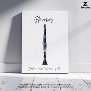 May include: A canvas print featuring a detailed illustration of a black clarinet with silver keys. The name "Marcos" is written above the instrument in elegant script. Below the clarinet, the text reads "Where words fail, music speaks..."