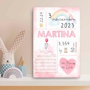Natalicio musical personalizado para recién nacida, nacimiento de niña, lámina de nacimiento musical personalizada, primera canción de cuna