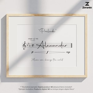 Puede incluir: Una descarga digital imprimible de una partitura musical con el título "Preludio" y el nombre "Alexander" escrito en letra cursiva. La partitura incluye notas musicales, una indicación de tempo de "Adagio (=66)" y el texto "La música puede cambiar el mundo".