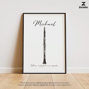 Personalized digital print of a clarinet in charcoal, clarinet drawing, gift for a clarinetist, gift for a musician, gift for a teacher