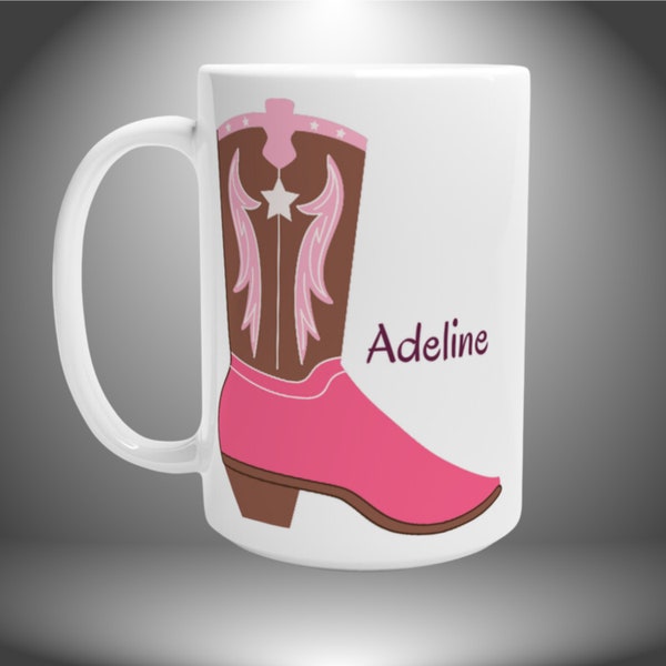 15oz Stylish Cowgirl Pink Western Themed Boots Personalised Coffee Mug, Gift Idea for Boot Loving Girls Ladies, Birthday Present for Her