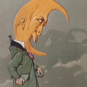 Uomo con testa di luna crescente in rilievo, sto calando, 1906, stampa in rilievo, crisi finanziaria, cartolina artistica umoristica