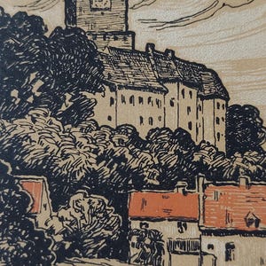 Vtg cartolina litografica tedesca Kleve am Niederrhein, Schwanenburg Cleves stampa decorativa 1900 illustrazione vita rurale del villaggio