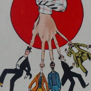Wczesna 1900. primaaprilisowa pocztówka humorystyczna, pocztówka retro z kreskówek, vtg karykatura wydruk satyryczny manipulujący dominujący kobiety u władzy