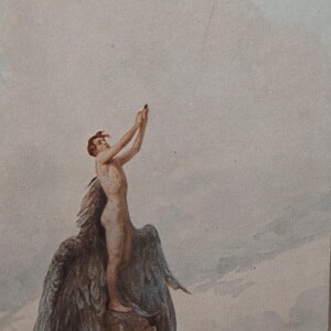 Pocztówka artystyczna Solomko Sen o Ikarusie wczesna maszyna latająca wydruk artystyczny 1900 obraz pocztówka ilustracja mitologii greckiej