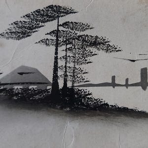 Japońska pocztówka artystyczna czarno-biała ozdobna skomplikowana japońska stylowa artystyczna ilustracja wydruk krajobraz natura morski łodzie japońska wyspa