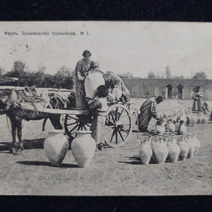 Comerciantes turcomanos Vtg na cidade de Merw, década de 1900, impressão de fotos em preto e branco da vida real, comércio de bazar, argila, cerâmica, impressão de fotos, comércio na Rota da Seda