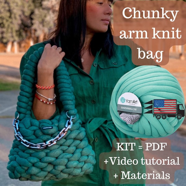 Easy chunky yarn bag Arm knit KIT, Pattern + materials, Trendy shoulder purse DIY, Super Bulky Yarn, Crocheting Yarn, Effect giant Yarn gift