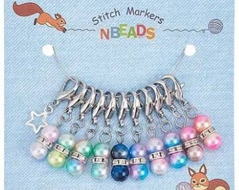 Rainbow Plastic ImitPearl Bead, 1Set 11pcs, Crochet/Knit Lobster Clasp Charms, Stitch Marker, With Iron Rhinestone Beads shape of yarn skein