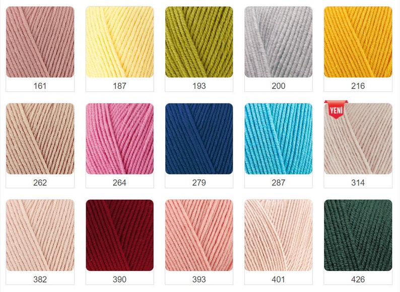 K&ouml;nnte beinhalten: Eine Sammlung von Garnkn&auml;ueln in verschiedenen Farben, darunter Rosa, Gelb, Gr&uuml;n, Grau und Blau. Jedes Kn&auml;uel ist mit einer Nummer wie 161, 187 und 193 gekennzeichnet. Das Garn scheint weich und f&uuml;r Strick- oder H&auml;kelprojekte geeignet zu sein.