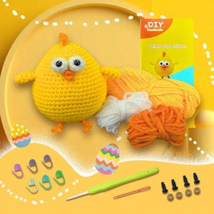 Crochet kit beginner Farm yellow Chicken amigurumi kit, Step-by-Step Video Tutorial, English Instructions, Crochet Hook, Markers, Needles