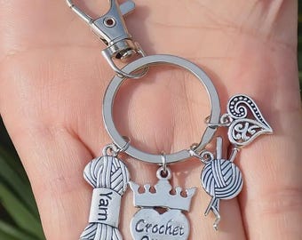 Crochet Queen Keychain: Enamel Charm with Heart, Crown & Knitted Beads