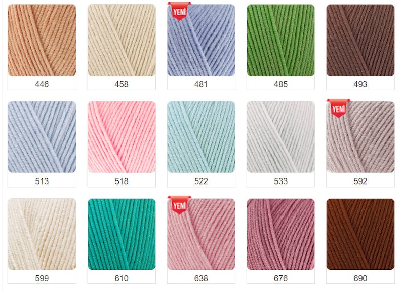 K&ouml;nnte beinhalten: Eine Sammlung von Garnkn&auml;ueln in verschiedenen Farben, darunter Beige, Blau, Gr&uuml;n und Braun. Jedes Kn&auml;uel ist mit einer Nummer versehen. Einige Kn&auml;uel haben ein "NEU"-Etikett. Das Garn scheint weich und f&uuml;r Strick- oder H&auml;kelprojekte geeignet zu sein.