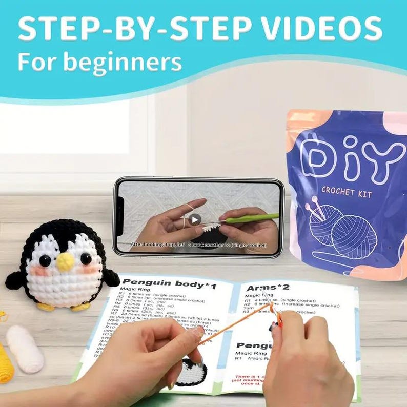 Penguin Crochet Kit, Beginner Yarn Kit with Video Tutorial image 2