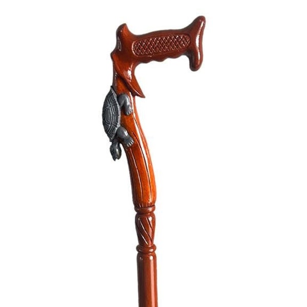 Turtle Hand-Carved Head Designer Walking Cane  Wooden Fancy Cane Natural Color Great Gift for Seniors Style 2 Fold