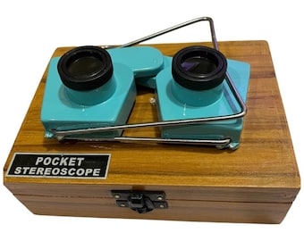 Estereoscopio de bolsillo plegable: 2 visores de aluminio con caja de madera