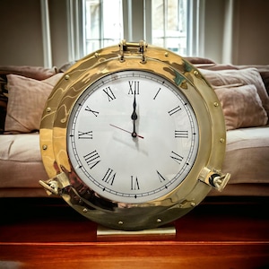 Brass Metal Ship Porthole Clock | Nautical Marine Timepiece |Silent Analog Battery Quartz Wall Decor Home & Office |Unique Christmas Gift