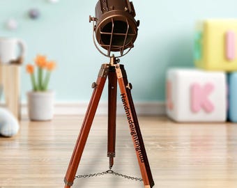 Copper Tripod Floor Lamp: Nautical Searchlight Style, Adjustable Wood Base