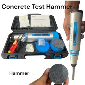May include: A concrete test hammer kit, including a silver and blue testing device, is displayed. The kit includes a black carrying case, a grinding stone, and small tools. The text "Concrete Test Hammer" is visible.