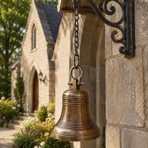 Puede incluir: Una campana de bronce pulido cuelga de una cadena de metal oscuro sujeta a un soporte de pared decorativo con volutas. La campana presenta un borde liso y acampanado y una argolla superior resistente, suspendida contra una pared de piedra.