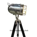Copper Tripod Floor Lamp: Nautical Searchlight Style, Adjustable Wood Base