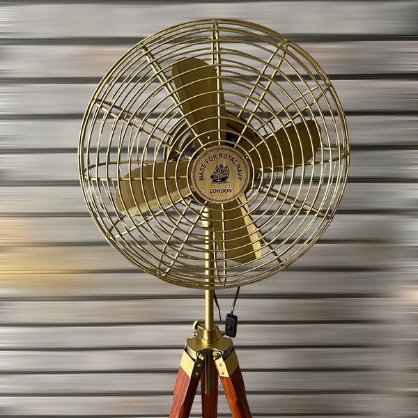 Handmade Vintage-Style Brass Floor Fan on Wooden Tripod Stand - Modern Twist Pedestal Fan for Home, Office, and Gifts