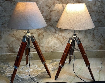 Set of 2 Nautical Tripod Table Lamps – Adjustable Height, Wood & Metal