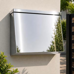May include: A wall-mounted mailbox with a highly reflective, polished chrome finish. The rectangular unit features a slanted front panel that acts as a mirror, reflecting the surrounding outdoor environment, and a flat top lid.