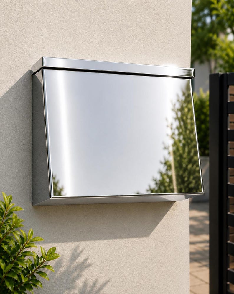 May include: A wall-mounted mailbox with a highly reflective, polished chrome finish. The rectangular unit features a slanted front panel that acts as a mirror, reflecting the surrounding outdoor environment, and a flat top lid.