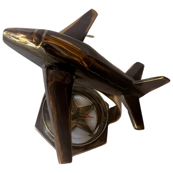 Brown Brass Antique Airplane with Compass - 4 Inch Home Table Décor, Desk Ornament - Unique Birthday Gift