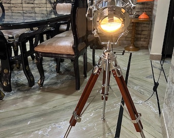 Handmade Industrial Steel Wooden Tripod Floor Lamp: Nautical Spotlight