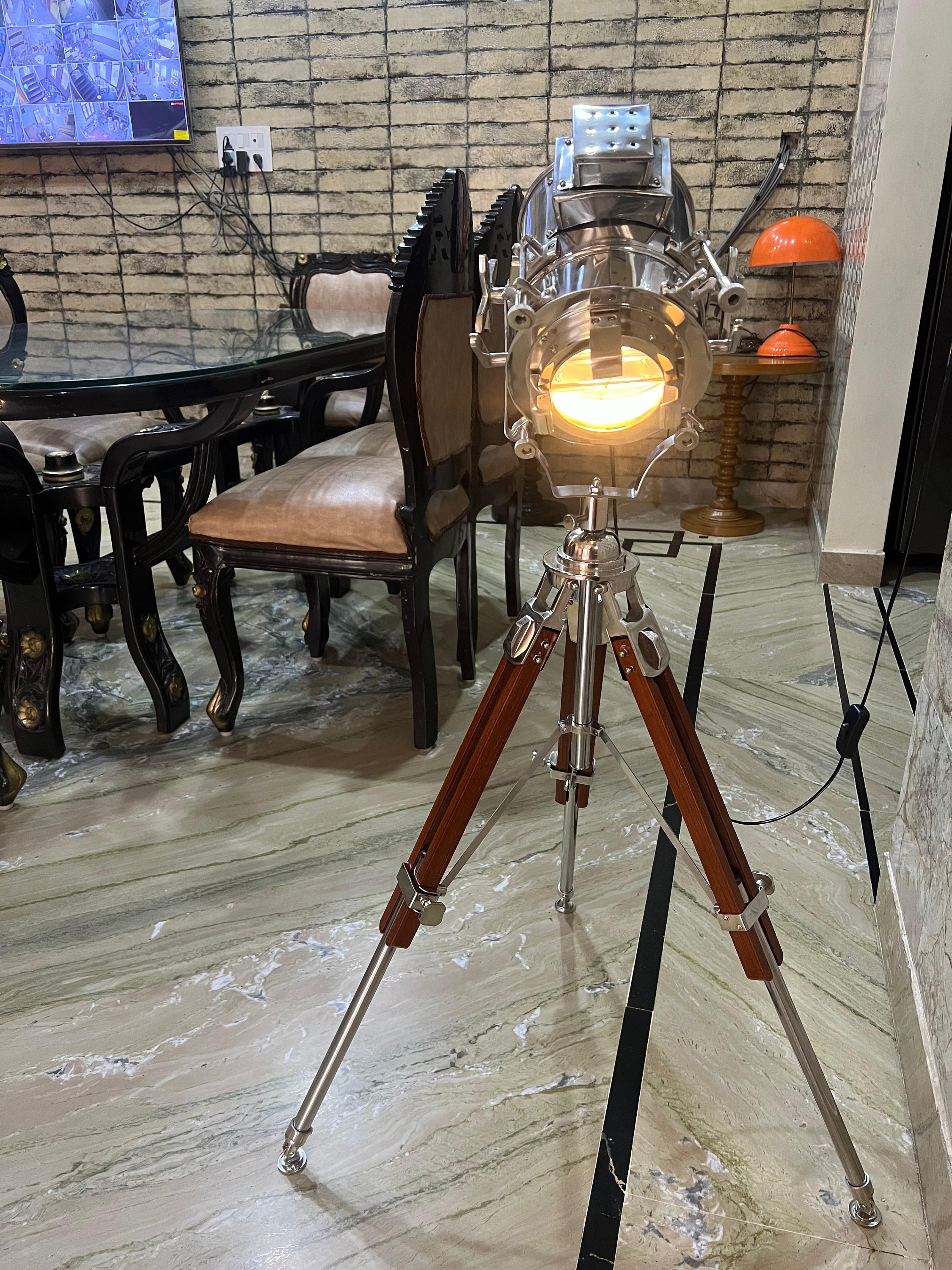 Nautical Spotlight Handmade Industrial Steel Wooden Tripod Floor
