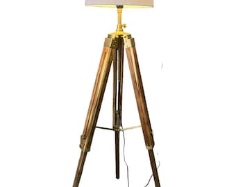 Natural Teak Wood Tripod Floor Lamp: Nautical Brass Accent