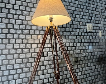Large Shade Natural Teak Wood Tripod Lamp - Adjustable Industrial Floor Lamp for Home Decor, Designer Collectible Lighting without shade