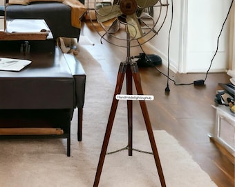 Handmade Wooden Tripod Floor Fan: Retro Brass Accent, Adjustable Height