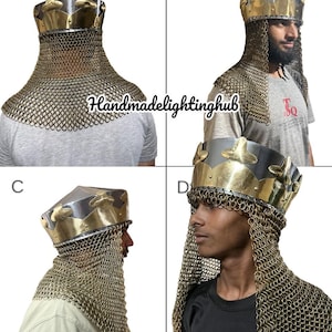 May include: A medieval-style helmet with a crown and chainmail coif. The helmet is made of metal and has a brass finish. The chainmail coif is made of interlocking metal rings.