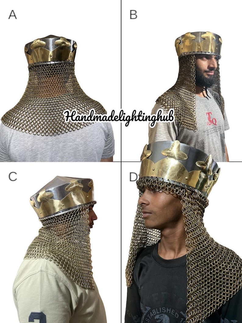 May include: A medieval-style helmet with a crown and chainmail coif. The helmet is made of metal and has a brass finish. The chainmail coif is made of interlocking metal rings.